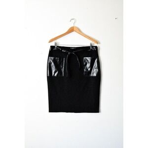 NYCC Pencil Skirt Women L Black Excellent Faux Leather Trim Tie Waist Stretch
